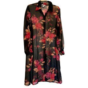 Womens Black Floral Button up Sheer Long Blouse by Blair - Size L